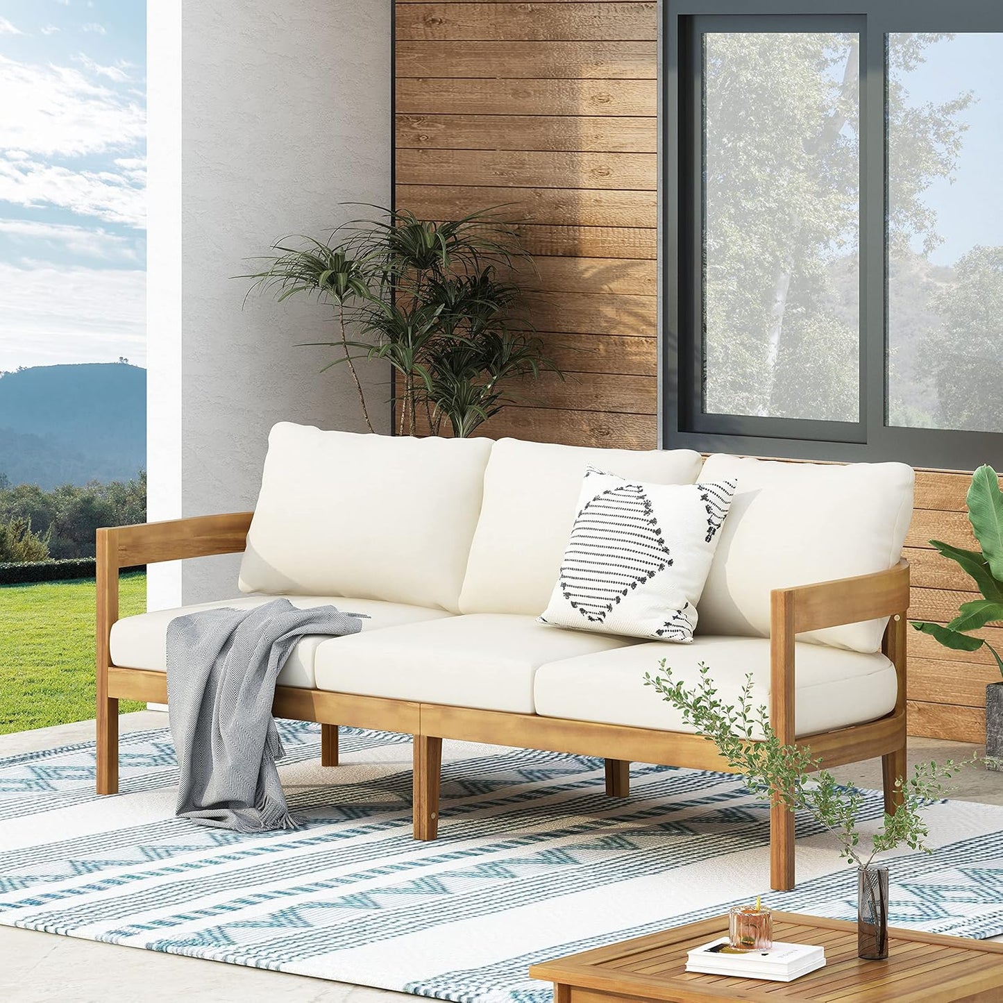 🌞 Outdoor 3-Seater Sofa – Cozy Acacia Wood Lounge with Cushions 🪑 Limited Time Summer Deal! 🌿